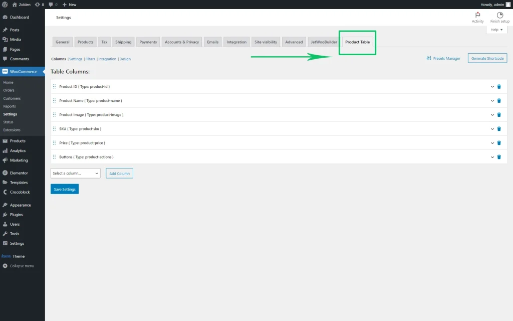 product table tab in the woocommerce dashboard