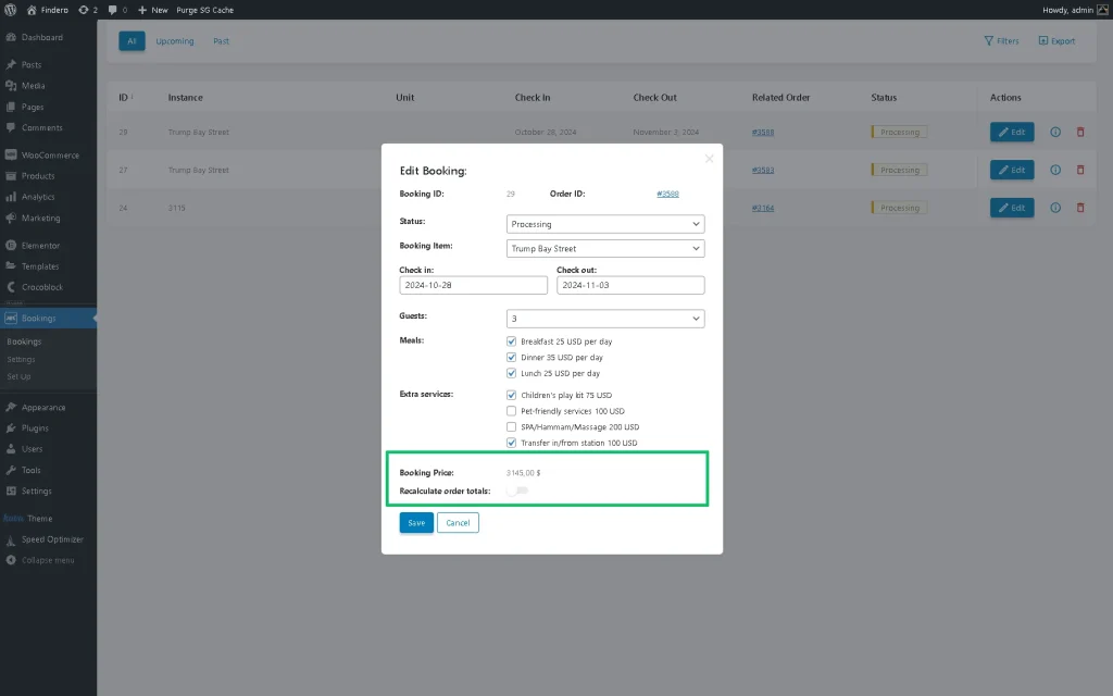 recalculated booking price