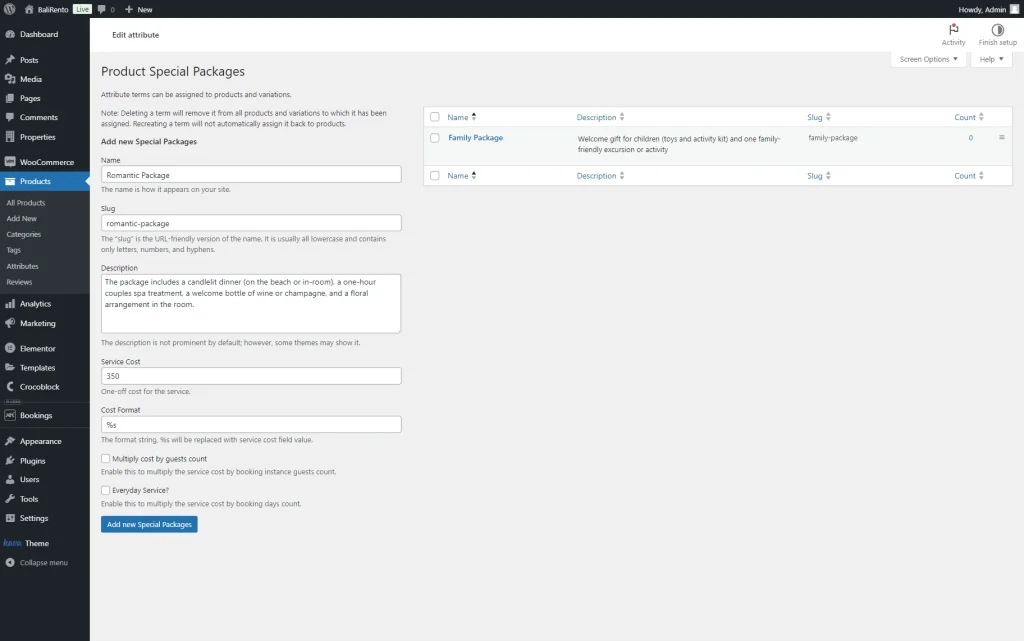 romantic package term settings