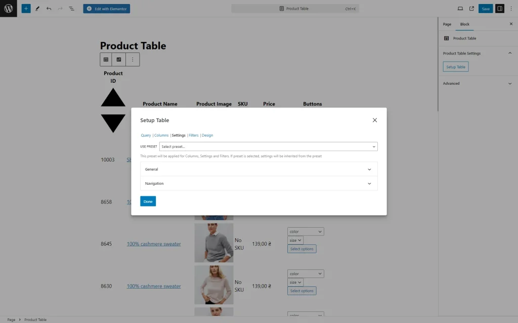 settings tab of the setup table pop-up