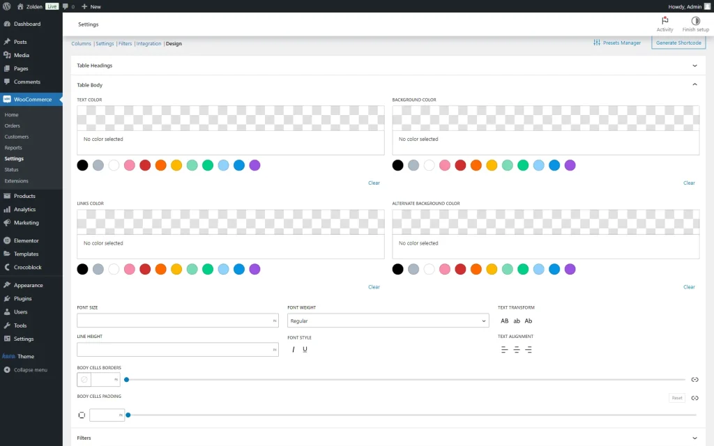 table body section of the design tab