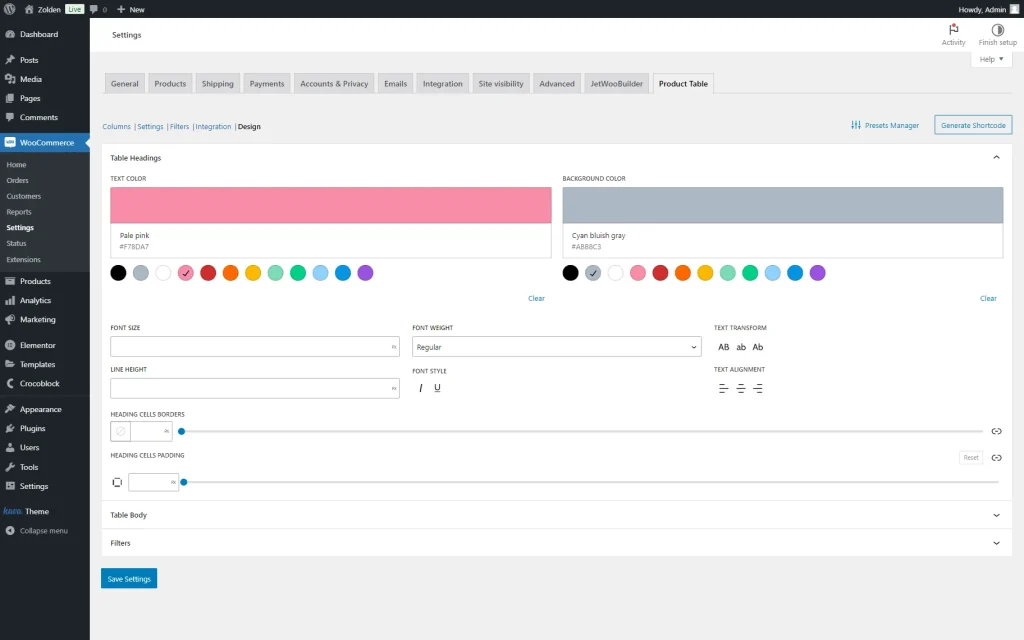 table headings section of the design tab