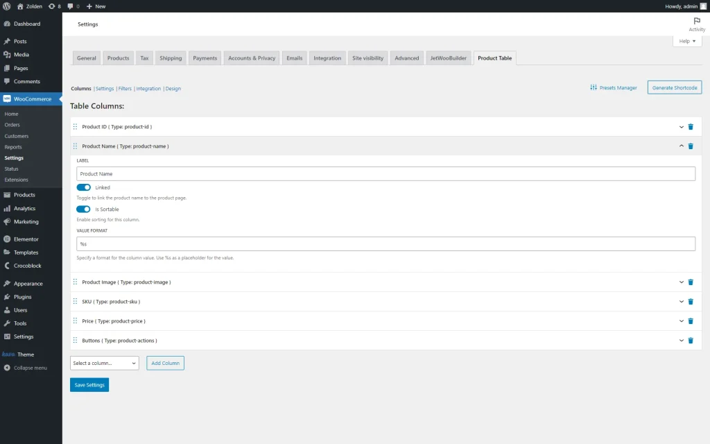 the columns tab of the woocommerce dashboard product table tab