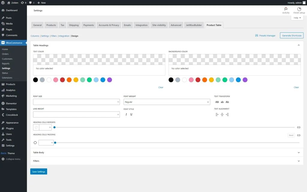 the design tab of the woocommerce dashboard product table tab