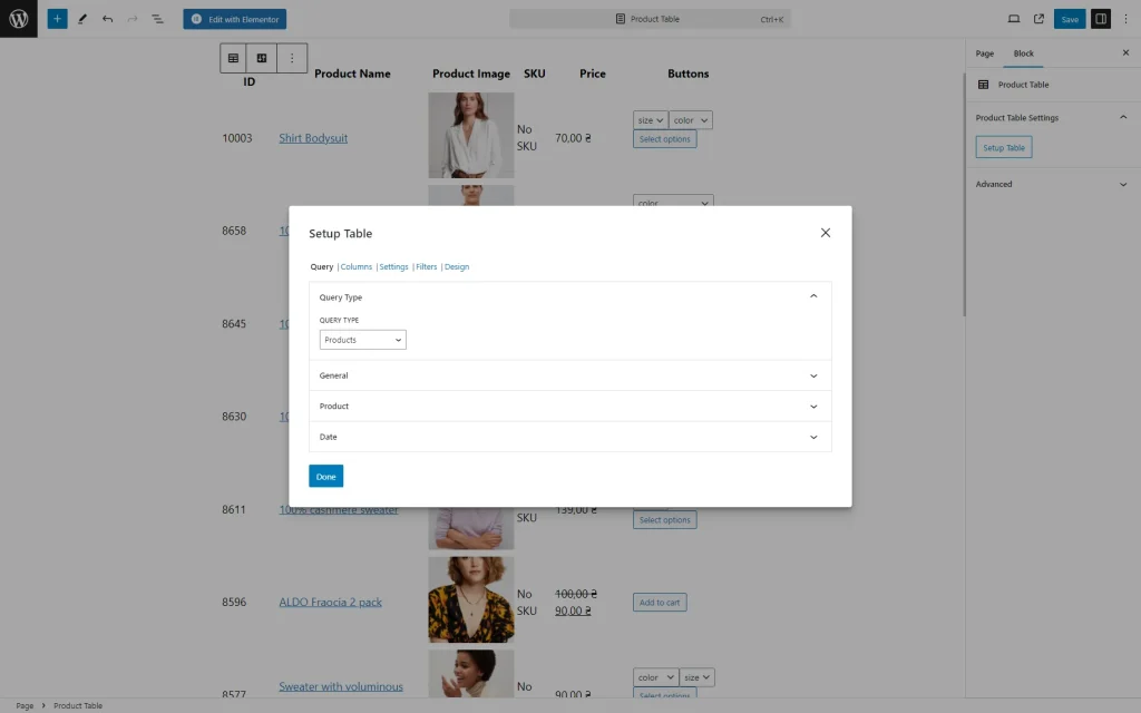 the setup table query tab