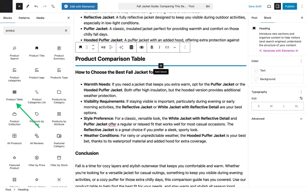 adding product table block