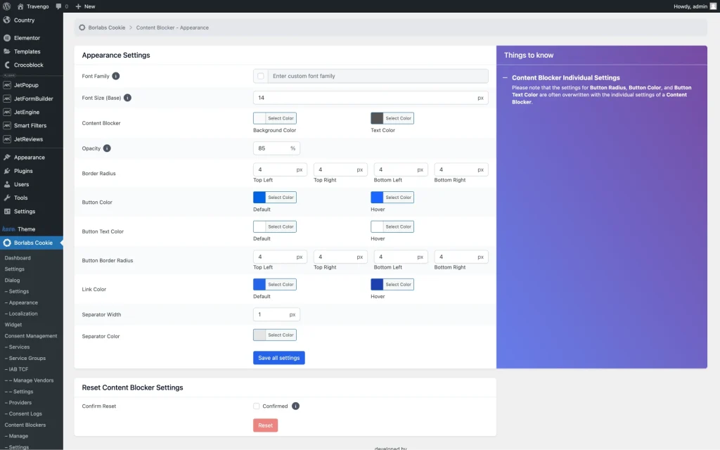 borlabs plugin appearance settings