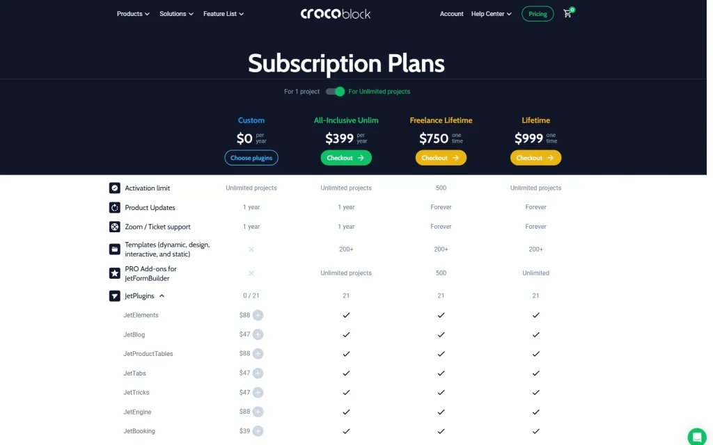 crocoblock pricing page