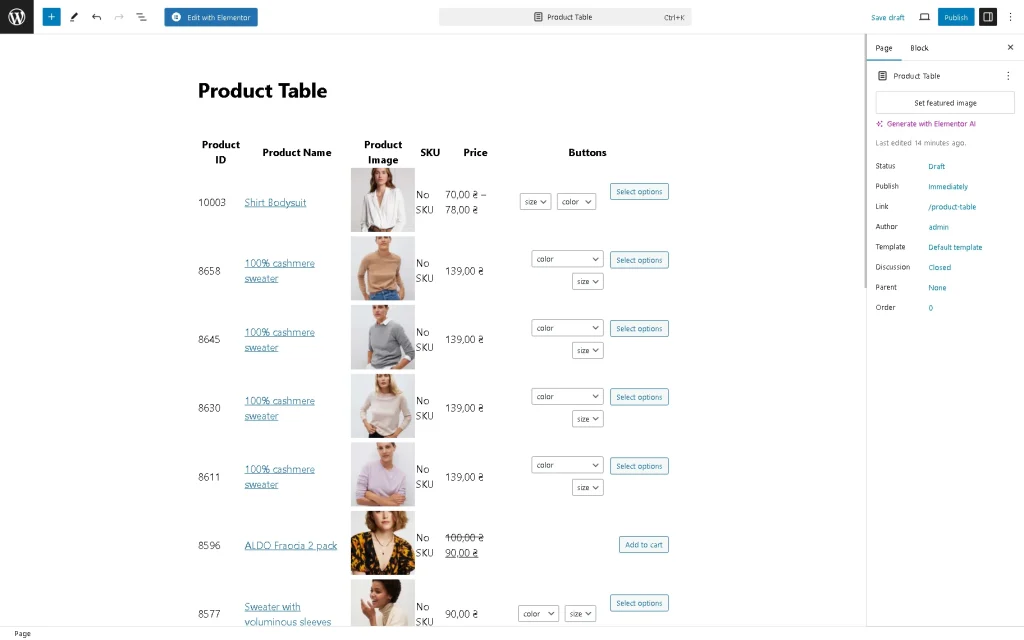 default product table