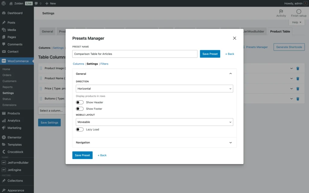 presets manager table columns