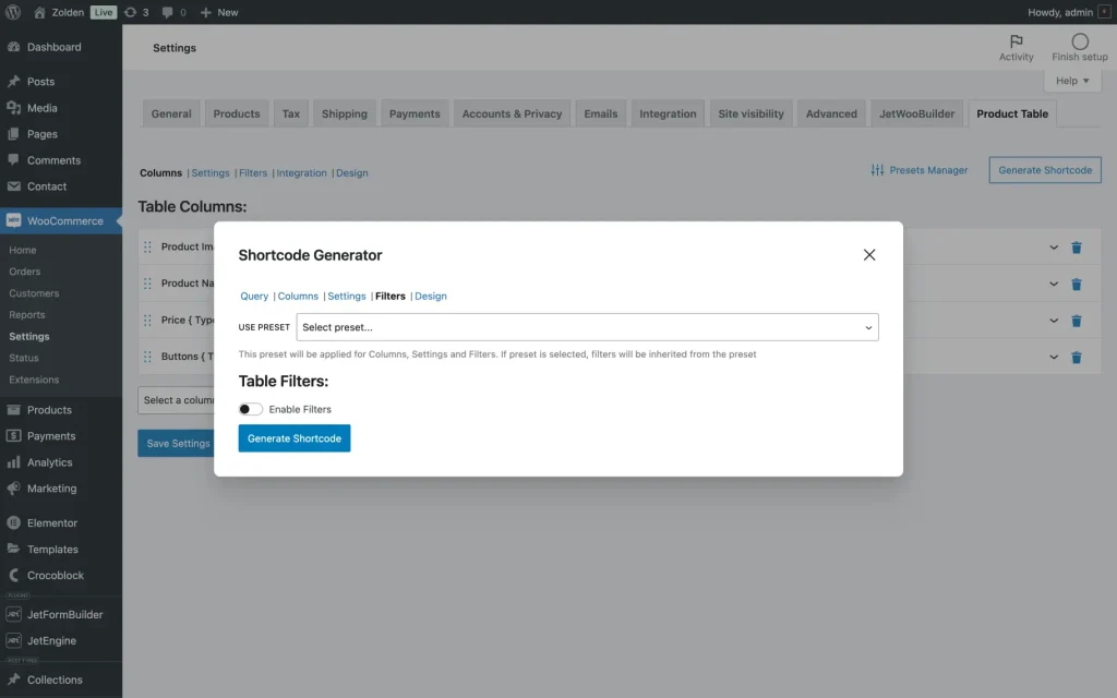 shortcode generator filter section