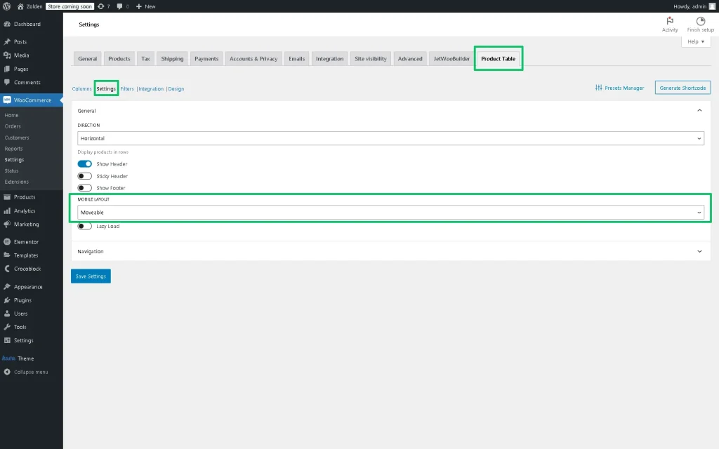 jetproducttable dashboard settings