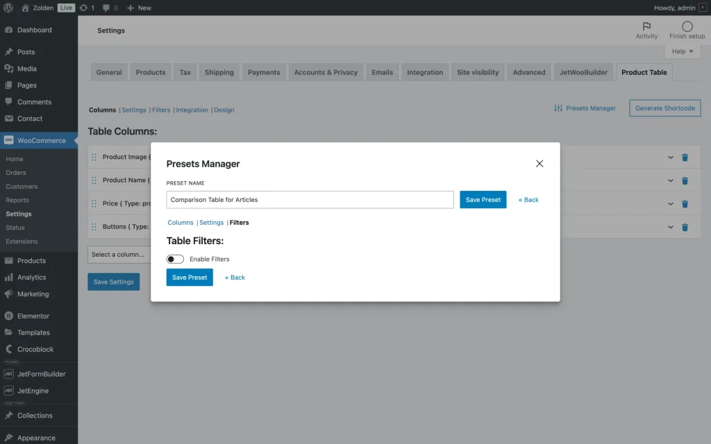 presets manager table filters 