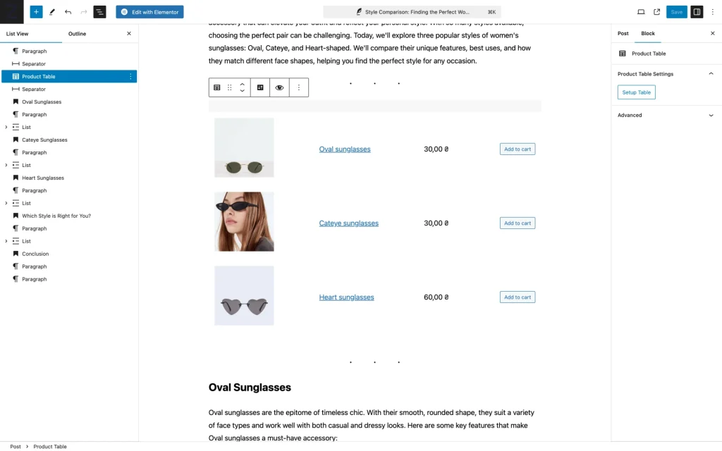 style comparison product table backend result