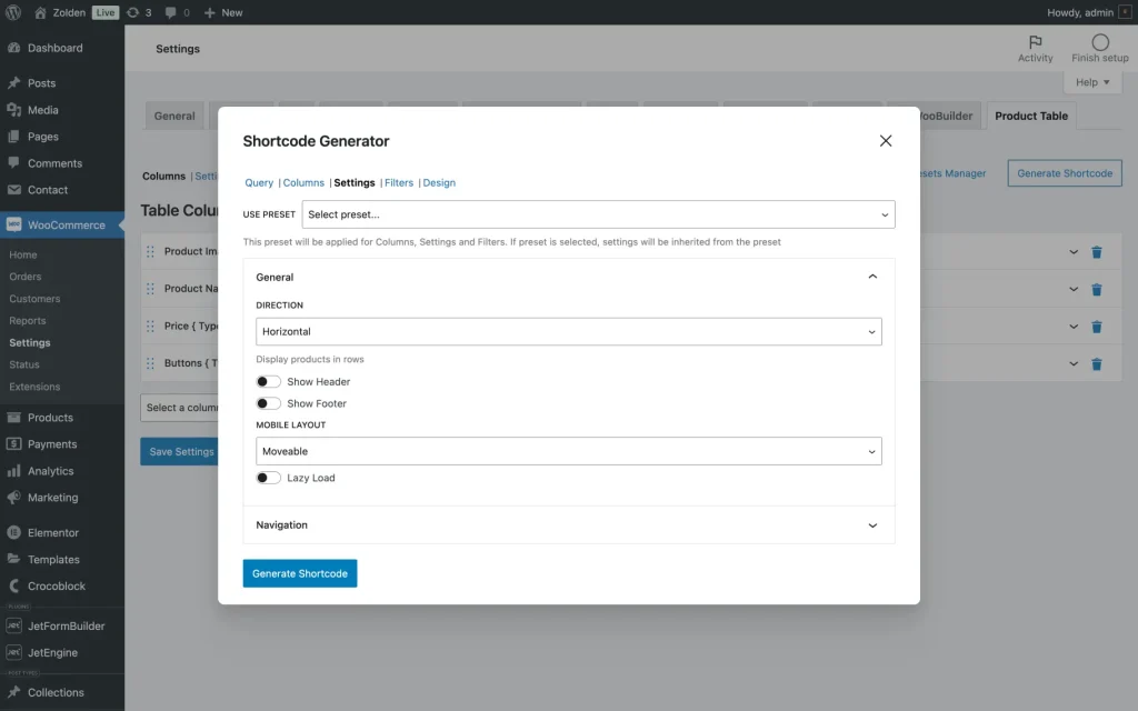 shortcode generator settings section