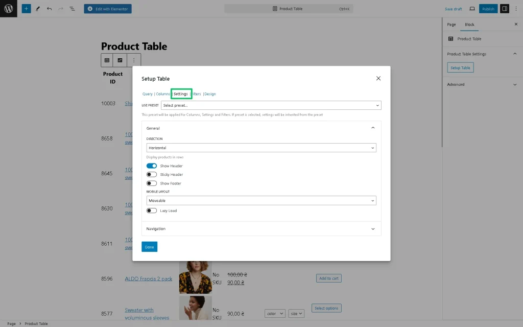 settings tab of the setup table pop-up