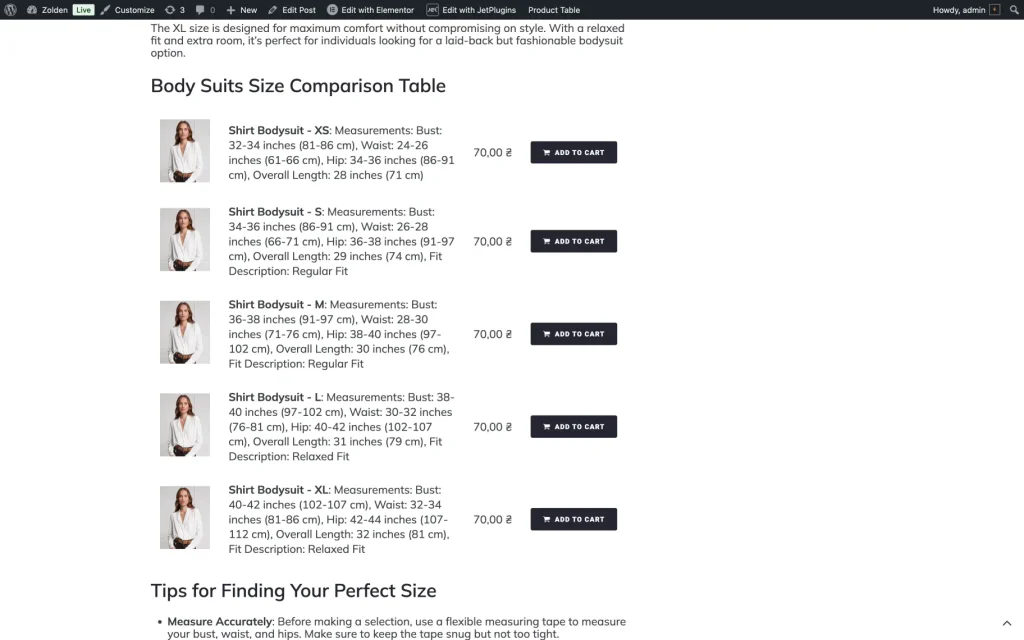 variable product table preview