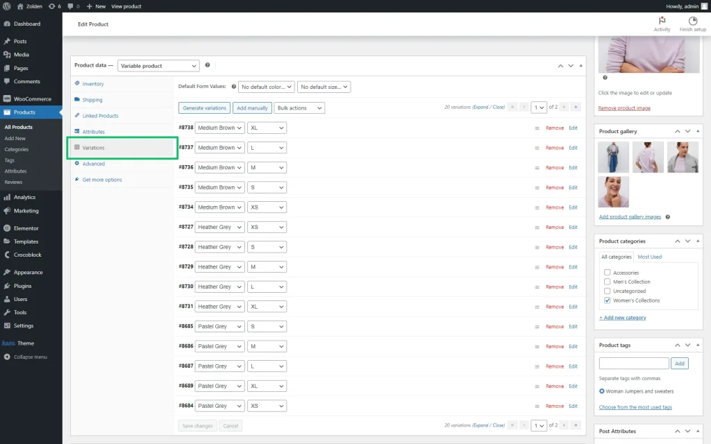 the variation section of the edit product tab