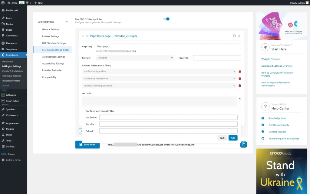 conference format filter settings for the seo title