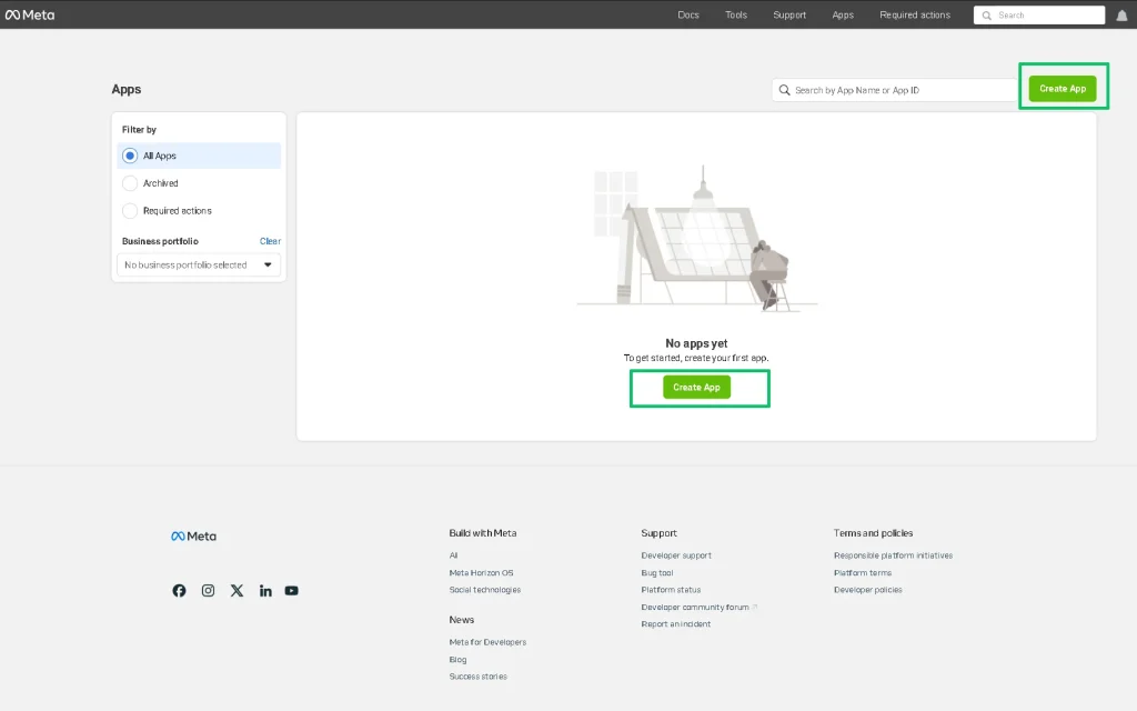 create app button in the meta for developers' accounts