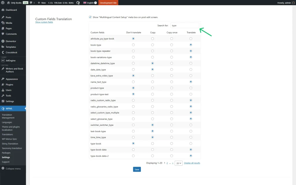 custom fields translation section