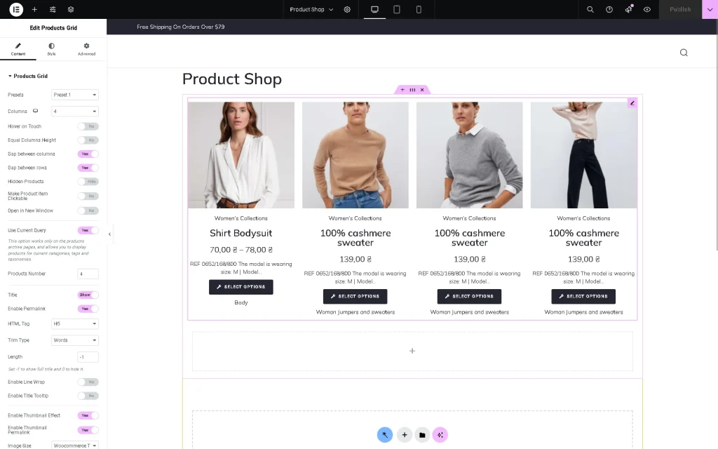 products grid widget added to a shop template