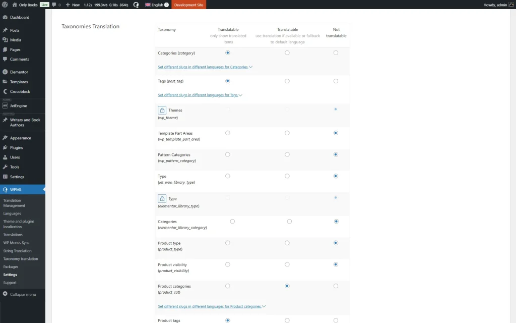 taxonomies translation section