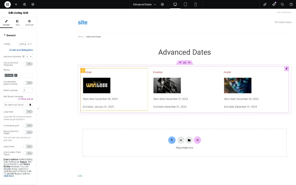 the advanced dates displayed via the listing grid