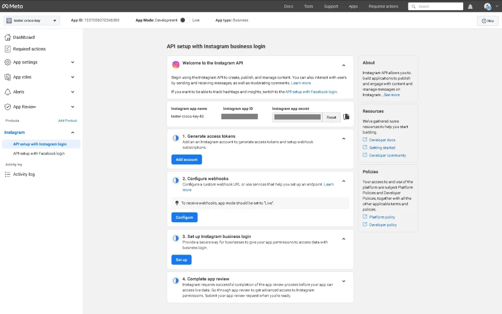 the api setup with instagram business login page