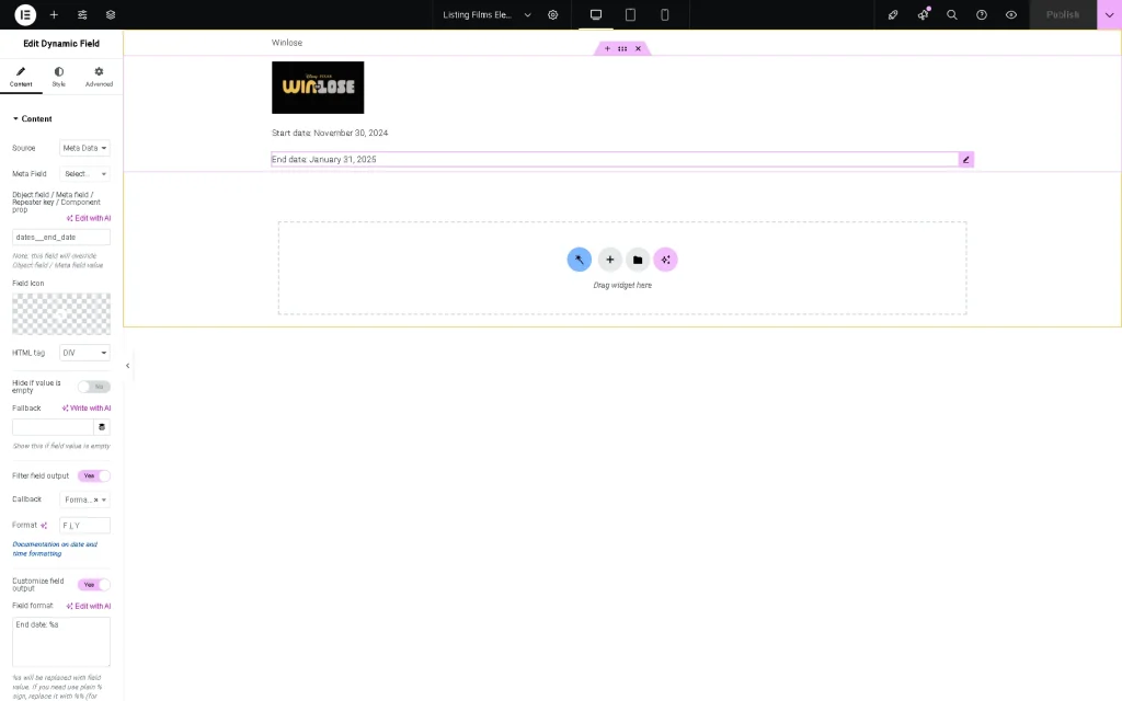 the end date of the advanced date displayed via the dynamic field