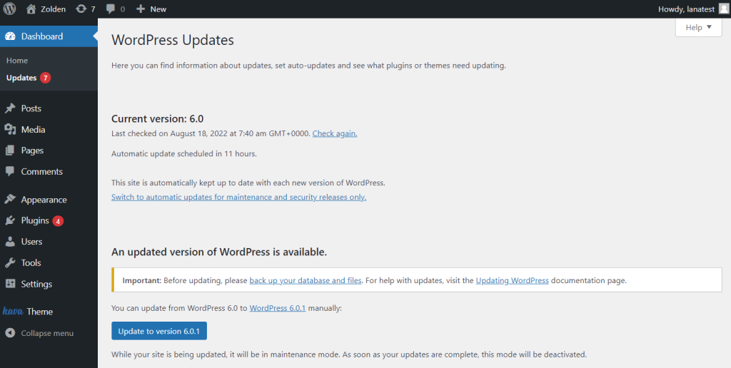 updates wordpress page