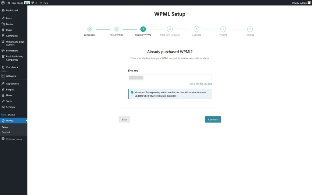 wpml setup register wpml step