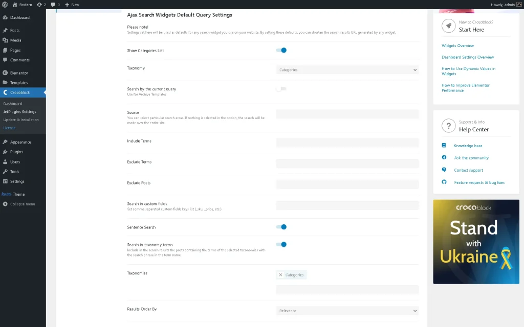 ajax search widgets default query settings