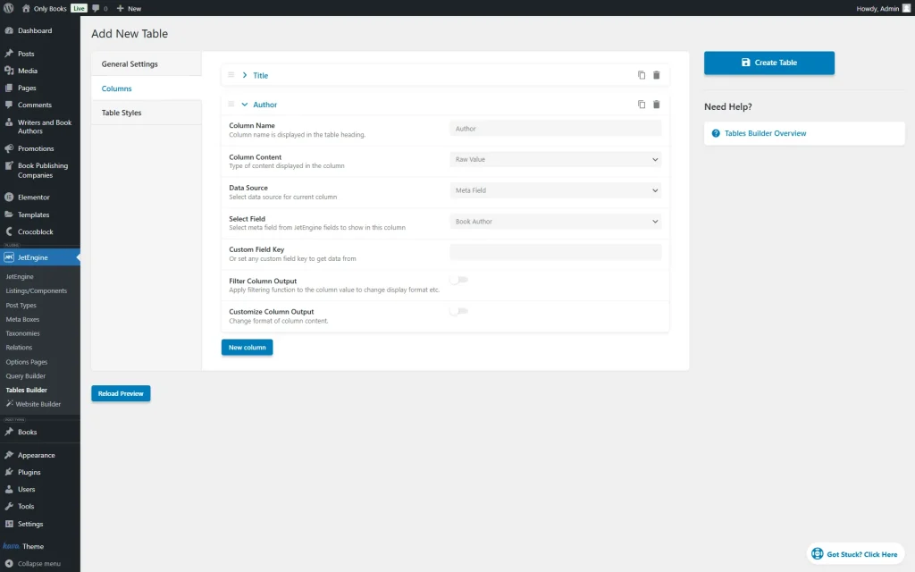 author column settings in the table builder