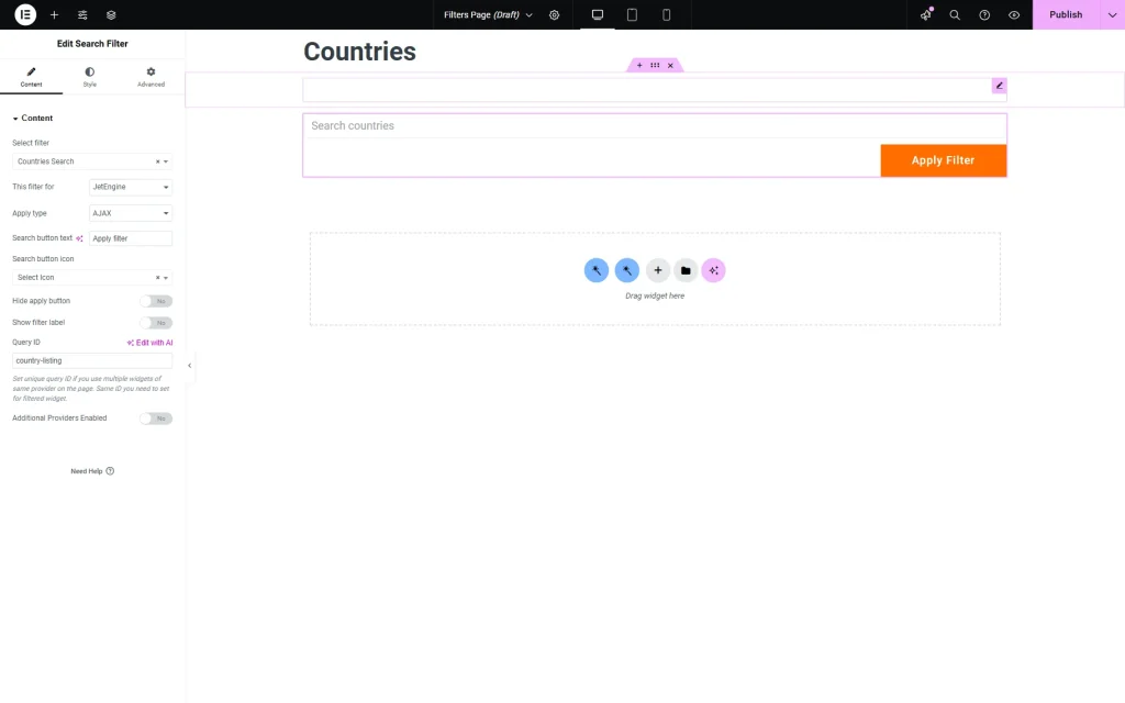 countries search filter widget in elementor