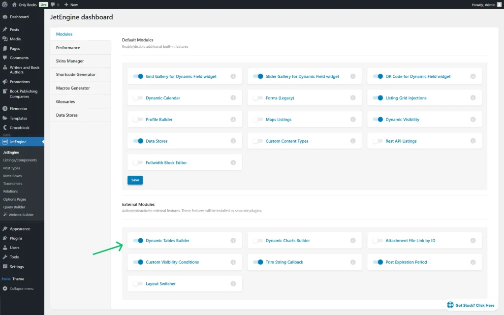 dynamic tables builder toggle activated