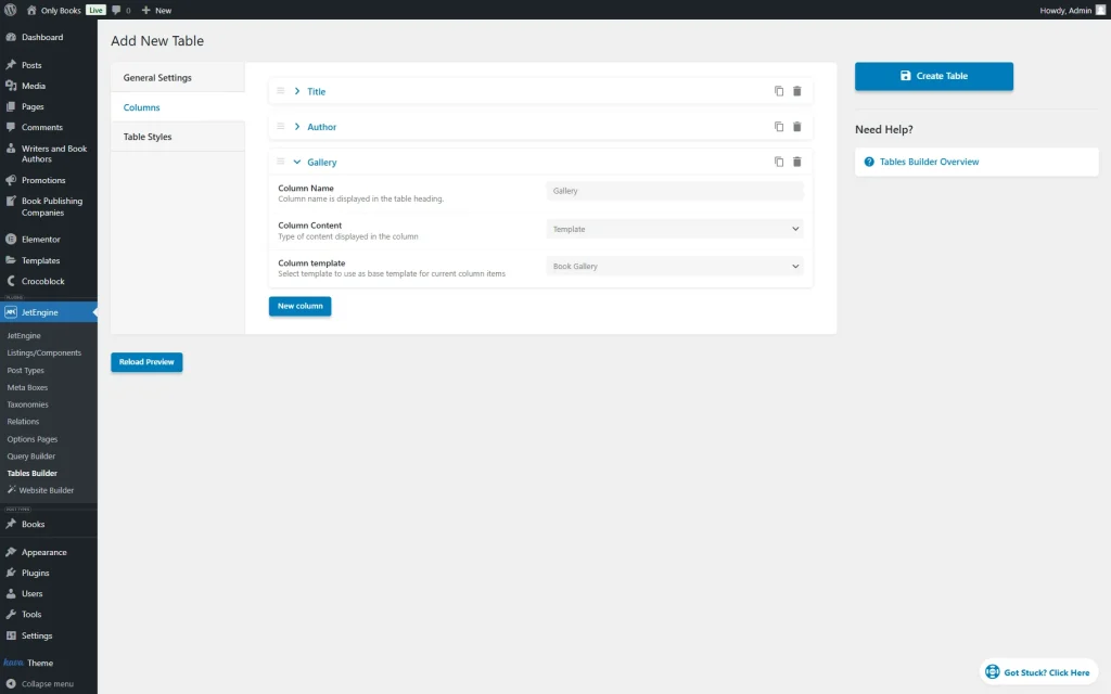 gallery column settings in the table builder