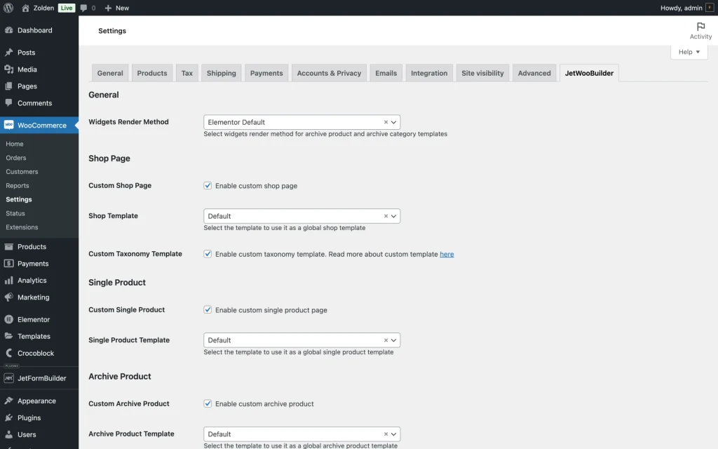 jetwoobuilder general settings