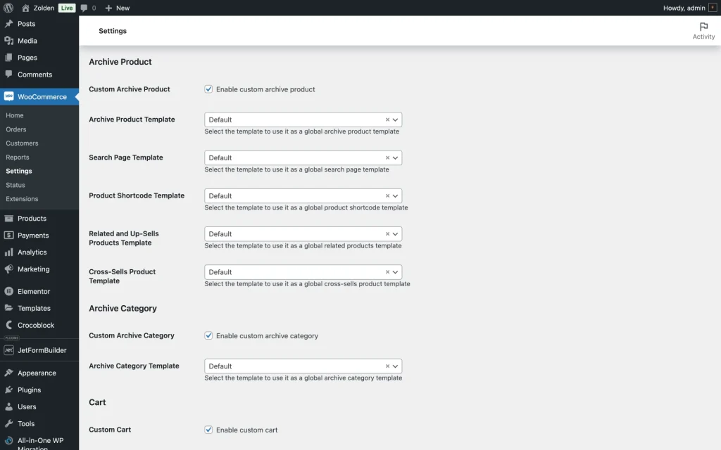 jetwoobuilder archive product settings