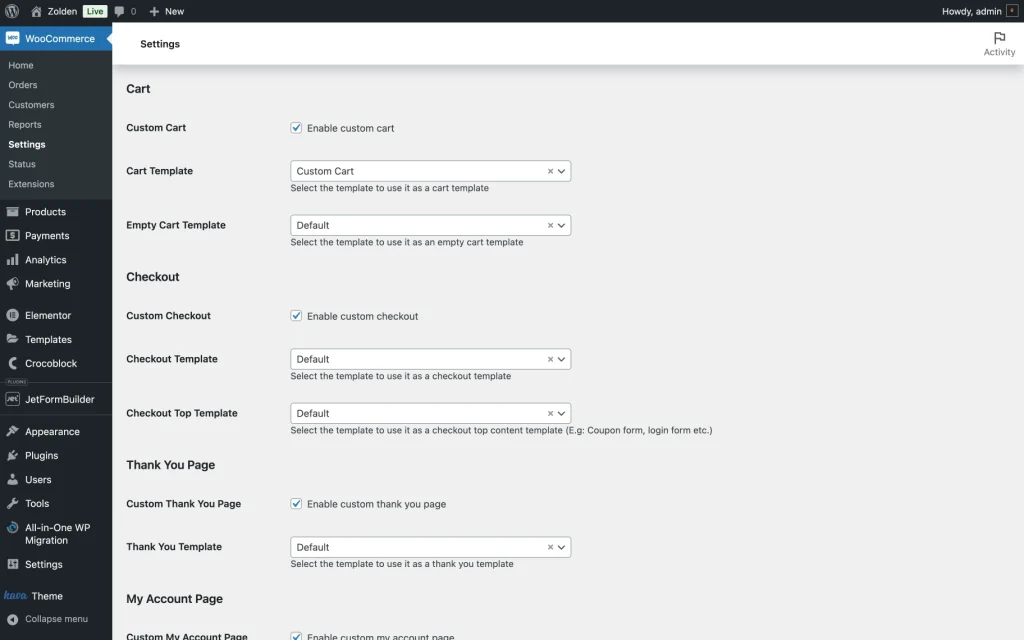 jetwoobuilder cart settings