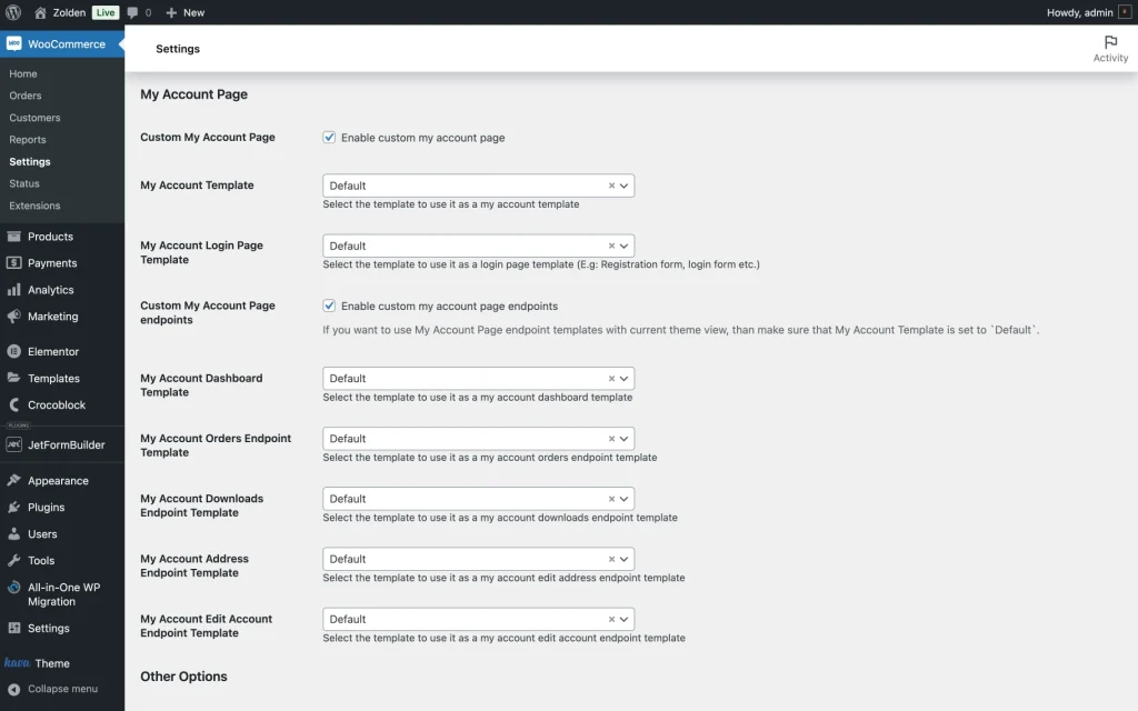 jetwoobuilder other options settings