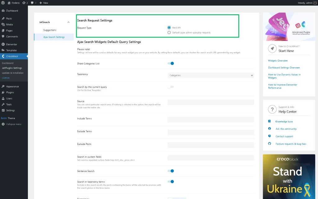 search request settings of the jetsearch settings