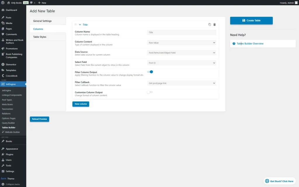 title column settings in the table builder