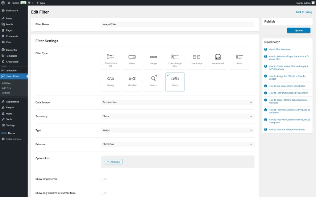 visual filter settings