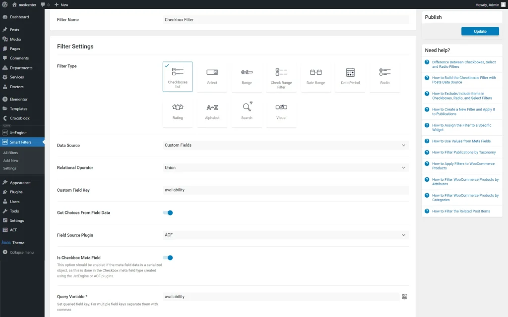 checkbox filter settings