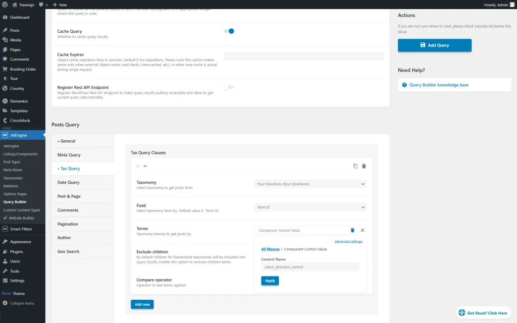 control name field in the component control value macro settings of posts query