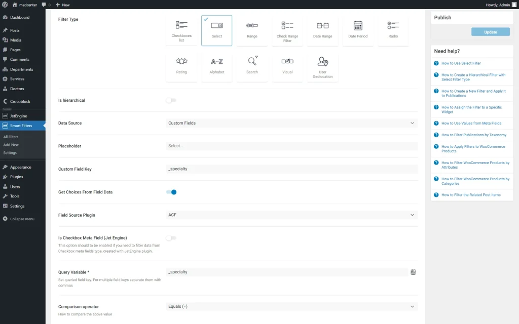 select filter settings