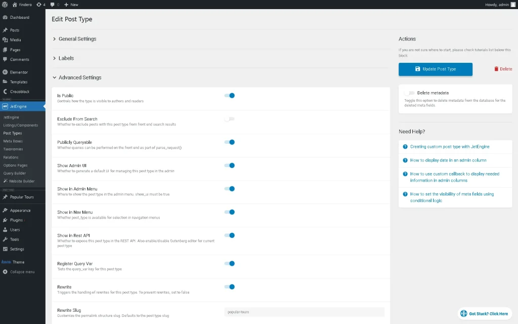 advanced settings of the add new post type page