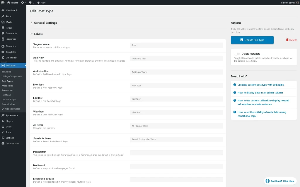 labels settings of the add new post type page