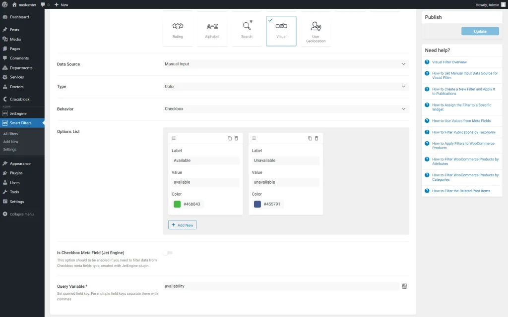 visual filter settings